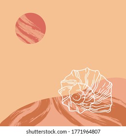 Vector hand drawn flat  illustration of line shell with flat landscape  isolated. Creative colorful artwork.  Template for card, poster, banner, print for t-shirt, pin, badge, patch.