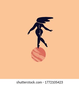 Vector hand drawn flat  illustration of girl with planet isolated. Tattoo artwork.  Template for card, poster, banner, print for t-shirt, pin, badge, patch.