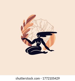 Vector hand drawn flat  illustration of girl with shell. Creative artwork. Template for card, poster, banner, print for t-shirt, pin, badge, patch.