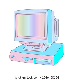 Vector hand drawn flat illustration of vintage computer isolated on white background. Retro PC. 80s concept. Pink and blue colours with gradient