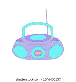 Vector hand drawn flat illustration of CD recorder isolated on white background. Retro vintage 2000s CD sound system purple and blue colours 