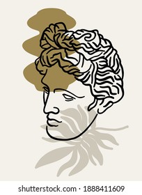 Vector hand drawn flat  illustration of antique head of Apollo  isolated. Tattoo artwork.  Template for card, poster, banner, print for t-shirt, pin, badge, patch.