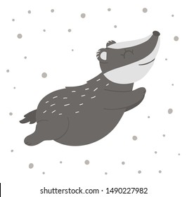 Vector hand drawn flat jumping badger. Funny woodland animal. Cute forest animalistic illustration for children’s design, print, stationery