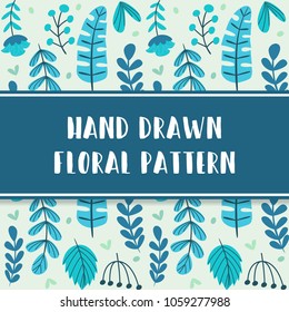 vector hand drawn flat leaf pattern design with flower in dark blue color template