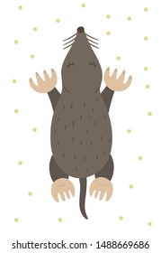 Vector hand drawn flat mole. Funny woodland animal. Cute forest animalistic illustration for children’s design, print, stationery