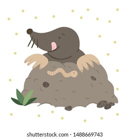 Vector hand drawn flat mole eating a worm. Funny woodland animal. Cute forest animalistic illustration for children’s design, print, stationery