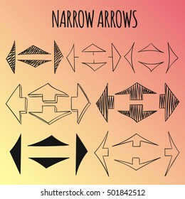 Vector hand drawn flat narrow thin arrows. Doodle sketch tight arrows left, right, up, down. Black easy and compact wide broad pointers for schemes, infographics and charts