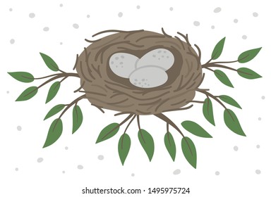 Vector hand drawn flat bird’s nest with eggs on the tree branches with green leaves. Cute forest ornithological illustration for children’s design, print, stationery