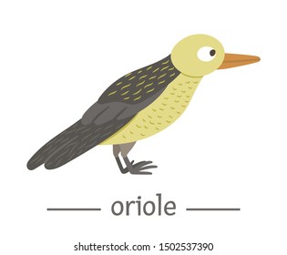 Vector hand drawn flat oriole. Funny woodland bird icon. Cute forest animalistic illustration for children’s design, print, stationery