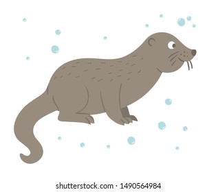 Vector hand drawn flat otter. Funny woodland animal. Cute forest animalistic illustration for children’s design, print, stationery