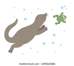 Vector hand drawn flat otter swimming for frog. Funny woodland animal. Cute forest animalistic illustration for children’s design, print, stationery