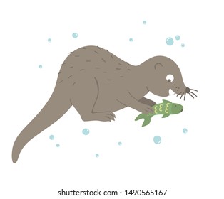Vector hand drawn flat otter eating fish. Funny woodland animal. Cute forest animalistic illustration for children’s design, print, stationery
