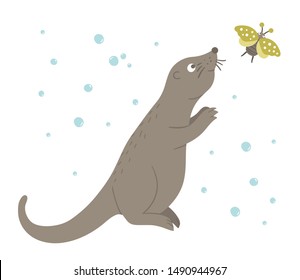 Vector hand drawn flat otter catching a ladybug. Funny woodland animal. Cute forest animalistic illustration for children’s design, print, stationery