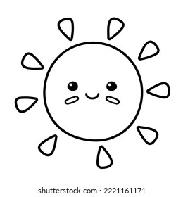 Vector hand drawn flat outline sun with face isolated on white background