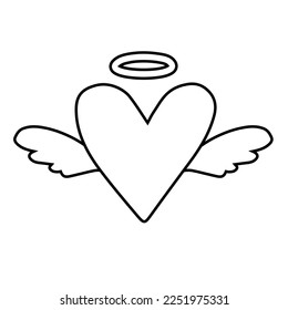 Vector hand drawn flat outline heart with angel wings isolated on white background