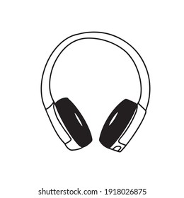 Vector hand drawn flat overhead type headphones for listening music. Web pictogram, simple black and white icon. Isolated on white background.