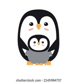 Vector hand drawn flat penguin baby and mom isolated on white background
