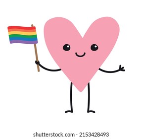 Vector hand drawn flat pink heart with face and lgbtq rainbow flag isolated on white background