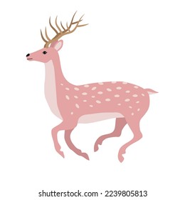 Vector hand drawn flat pink running deer isolated on white background
