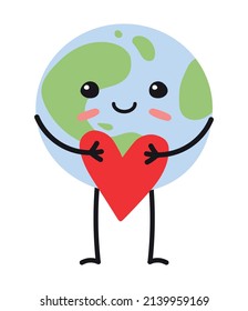 Vector hand drawn flat planet Earth with face and red heart isolated on white background