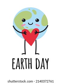 Vector hand drawn flat planet Earth with face and heart and earth day lettering isolated on white background