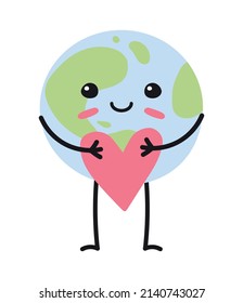 Vector hand drawn flat planet Earth with face and heart isolated on white background