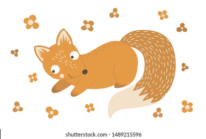 Vector hand drawn flat playing fox. Funny woodland animal. Cute forest animalistic illustration for children’s design, print, stationery