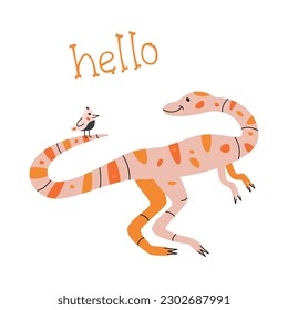 Vector hand drawn flat postcard with dinosaur and bird. Hello