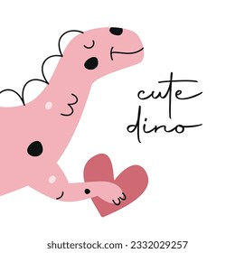 Vector hand drawn flat postcard with dinosaur and heart. Cute dino