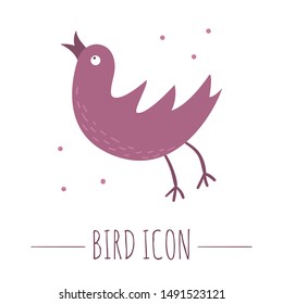 Vector hand drawn flat purple flying bird. Funny woodland animal icon. Cute forest animalistic illustration for children’s design, print, stationery