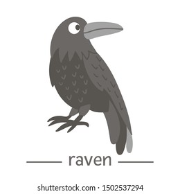 Vector hand drawn flat raven. Funny woodland bird icon. Cute forest animalistic illustration for children’s design, print, stationery
