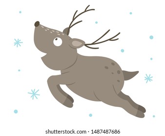 Vector hand drawn flat running deer with snowflakes. Funny winter scene with woodland animal. Cute forest animalistic illustration for children’s design, print, stationery