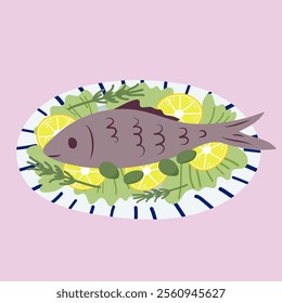 Vector hand drawn flat sea food illustration, fish on a plate with lettuce leaves, lemon slices and olives, traditional Greek cuisine.