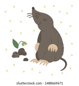 Vector hand drawn flat sitting mole. Funny woodland animal. Cute forest animalistic illustration for children’s design, print, stationery