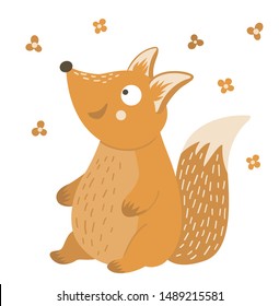 Vector hand drawn flat sitting fox. Funny woodland animal. Cute forest animalistic illustration for children’s design, print, stationery
