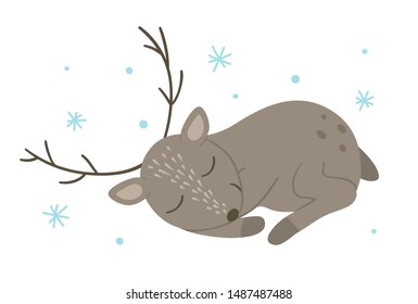 Vector hand drawn flat sleeping deer with snowflakes. Funny winter scene with woodland animal. Cute forest animalistic illustration for children’s design, print, stationery