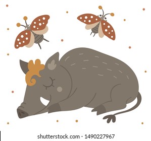 Vector hand drawn flat sleeping boar with an insect. Funny woodland animal. Cute forest pig illustration for children’s design, print, stationery