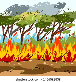 Vector hand drawn flat style illustration depicting forest ion fire. Can be used for any media, flyers, web banners or articles connected to the fires of Amazonian selva rainforest.