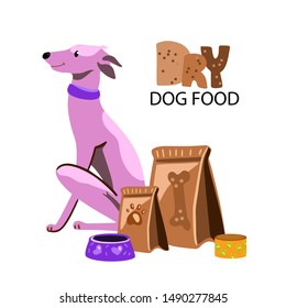 Vector hand drawn flat style illustration advertising dog’s food with bowl, package, canned food and Italian greyhound dog. Isolated on white. 