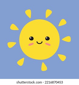 Vector hand drawn flat sun with face isolated on blue background