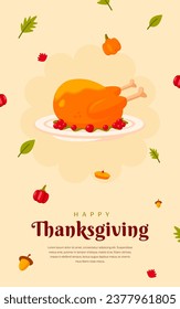 vector hand drawn flat thanksgiving vertical poster template with food and pumpkin