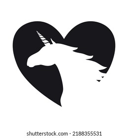 Vector hand drawn flat unicorn head silhouette in heart isolated on white background