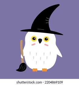 Vector hand drawn flat witch Halloween owl isolated on violet background