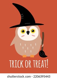 Vector hand drawn flat witch Halloween owl with trick or treat lettering isolated on violet background