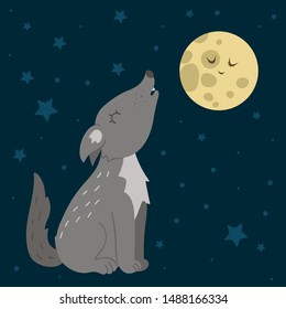 Vector hand drawn flat wolf howling at the moon. Funny night scene with woodland animal. Cute forest animalistic illustration for children’s design, print, stationery