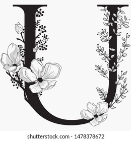 Vector Hand Drawn Floral Alphabet Monogram or Logo U. Letter with Flowers and Branches. Cherry Blossom. Flowered Design Elements. Brand Identity
