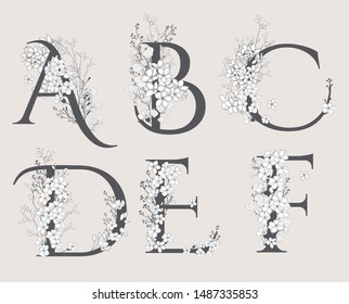 Vector Hand Drawn Floral Alphabet Monograms or Logos. Letters A, B, C, D, E, F with Flowers and Branches. Blossom. Flowered Design Elements. Brand Identity 