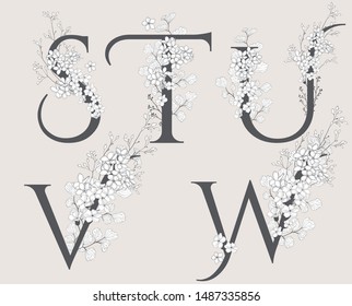 Vector Hand Drawn Floral Alphabet Monograms or Logos. Letters S, T, U, V, W, with Flowers and Branches. Blossom. Flowered Design Elements. Brand Identity 