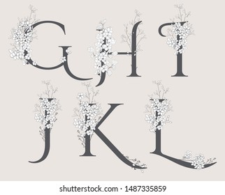 Vector Hand Drawn Floral Alphabet Monograms or Logos. Letters G, H, I, J, K, L with Flowers and Branches. Blossom. Flowered Design Elements. Brand Identity 