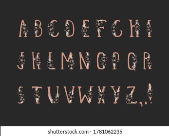 Vector hand drawn floral alphabet in grunge style with flower. Decorative monograms collection. Capital letters. Gold elements.